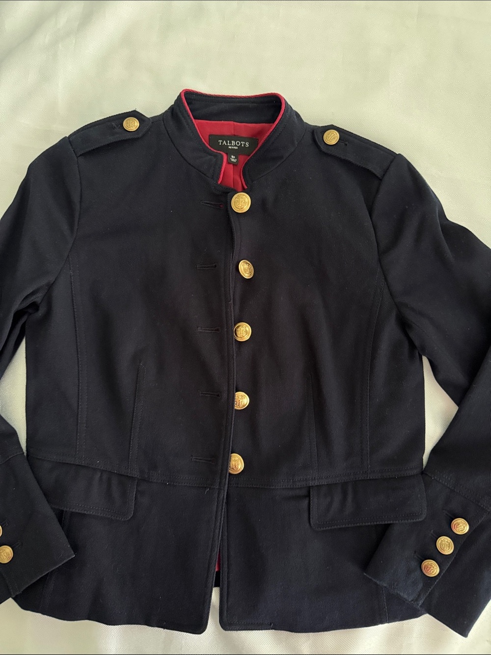 Talbots Black Military-Style Jacket with Gold Buttons and Red Trim